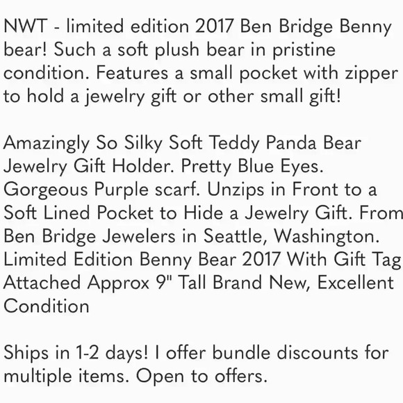 🌈 6/$60, NWT Ben Bridge Benny Bear 2017 panda bear, 9” - Picture 9 of 9